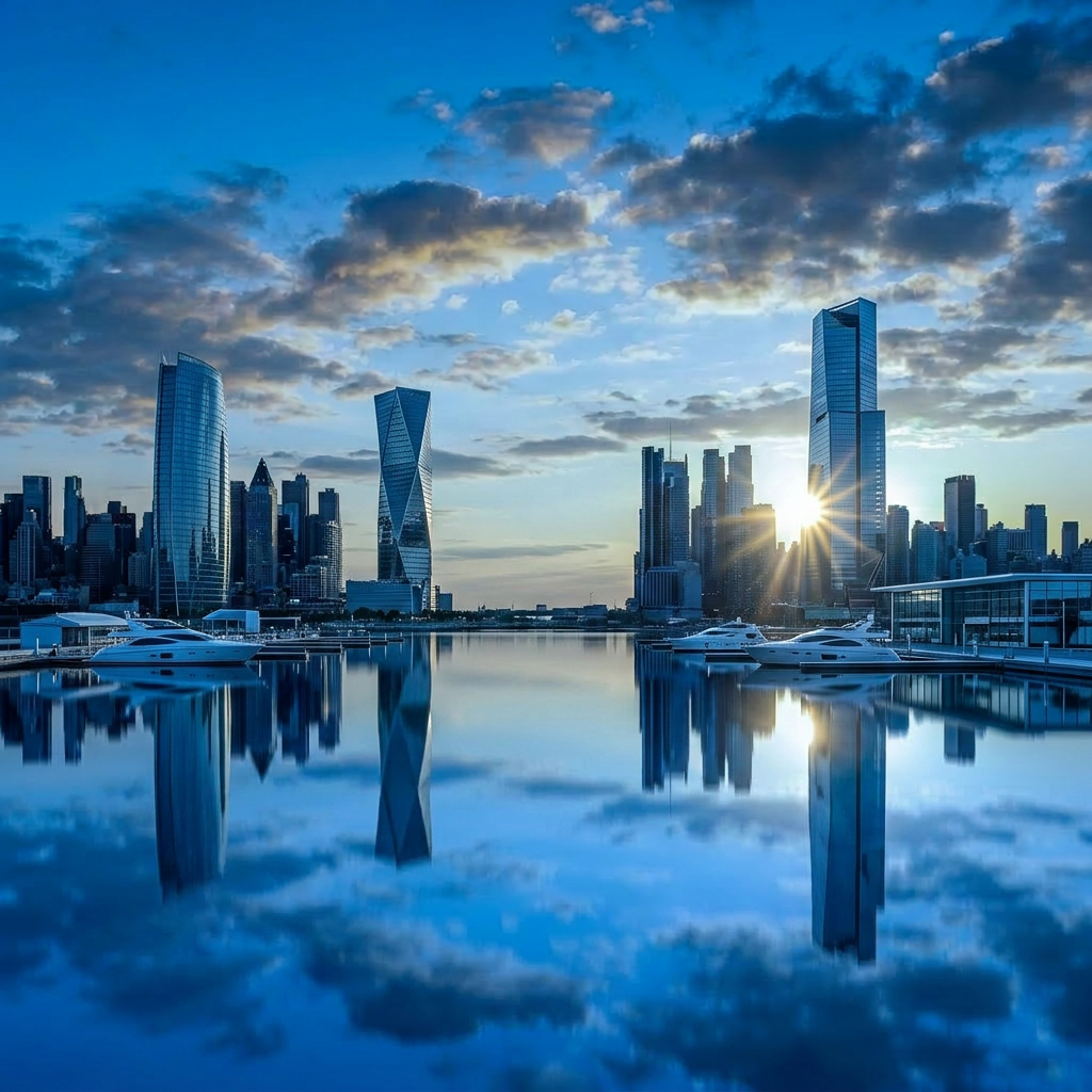 Manhattan skyline at sunset with orange and yellow sky reflecting on water